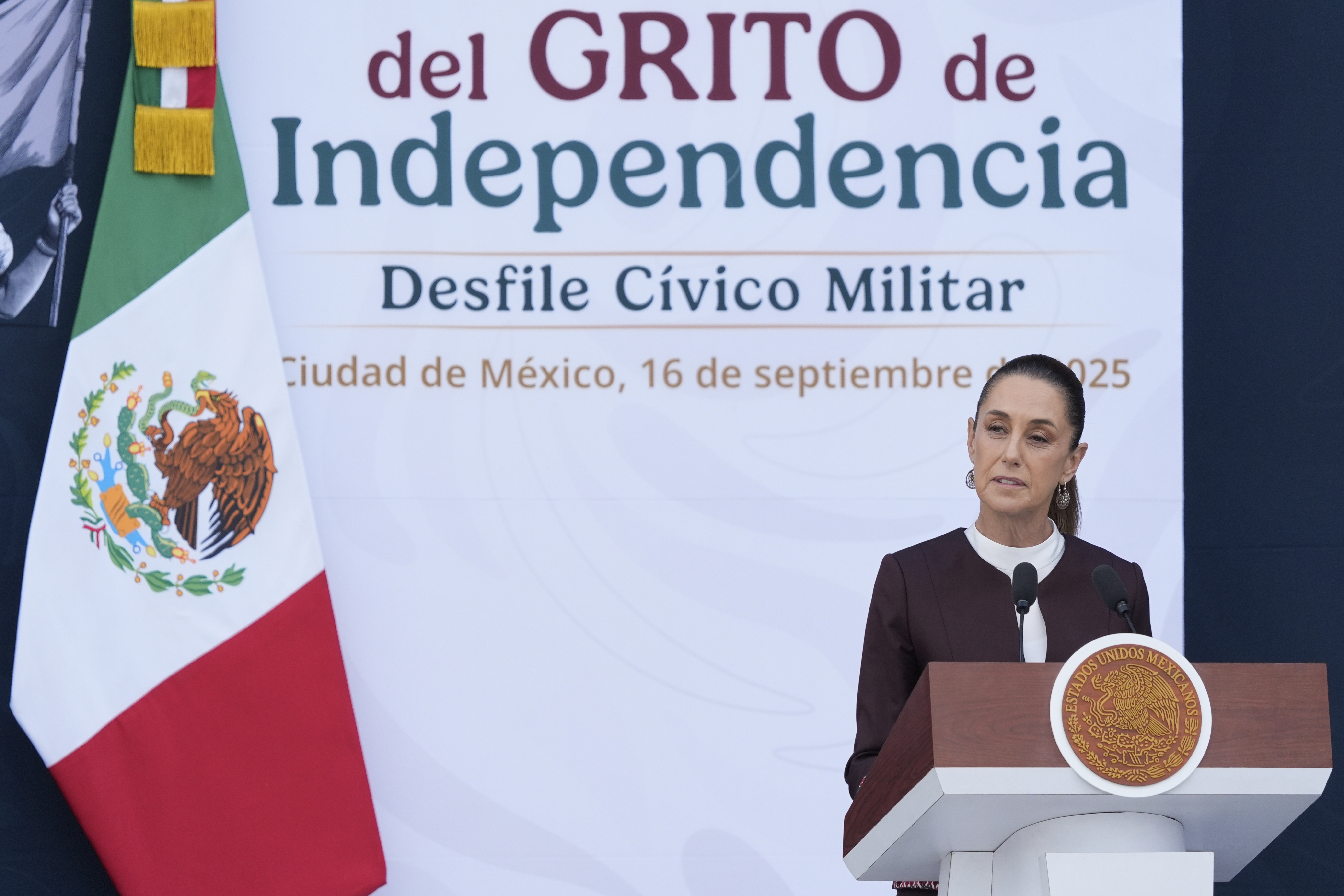 President Claudia Sheinbaum speaks at the annual Independence Day military parade, in Mexico City, Tuesday, Sept. 16, 2025. (Fernando Llano - AP)