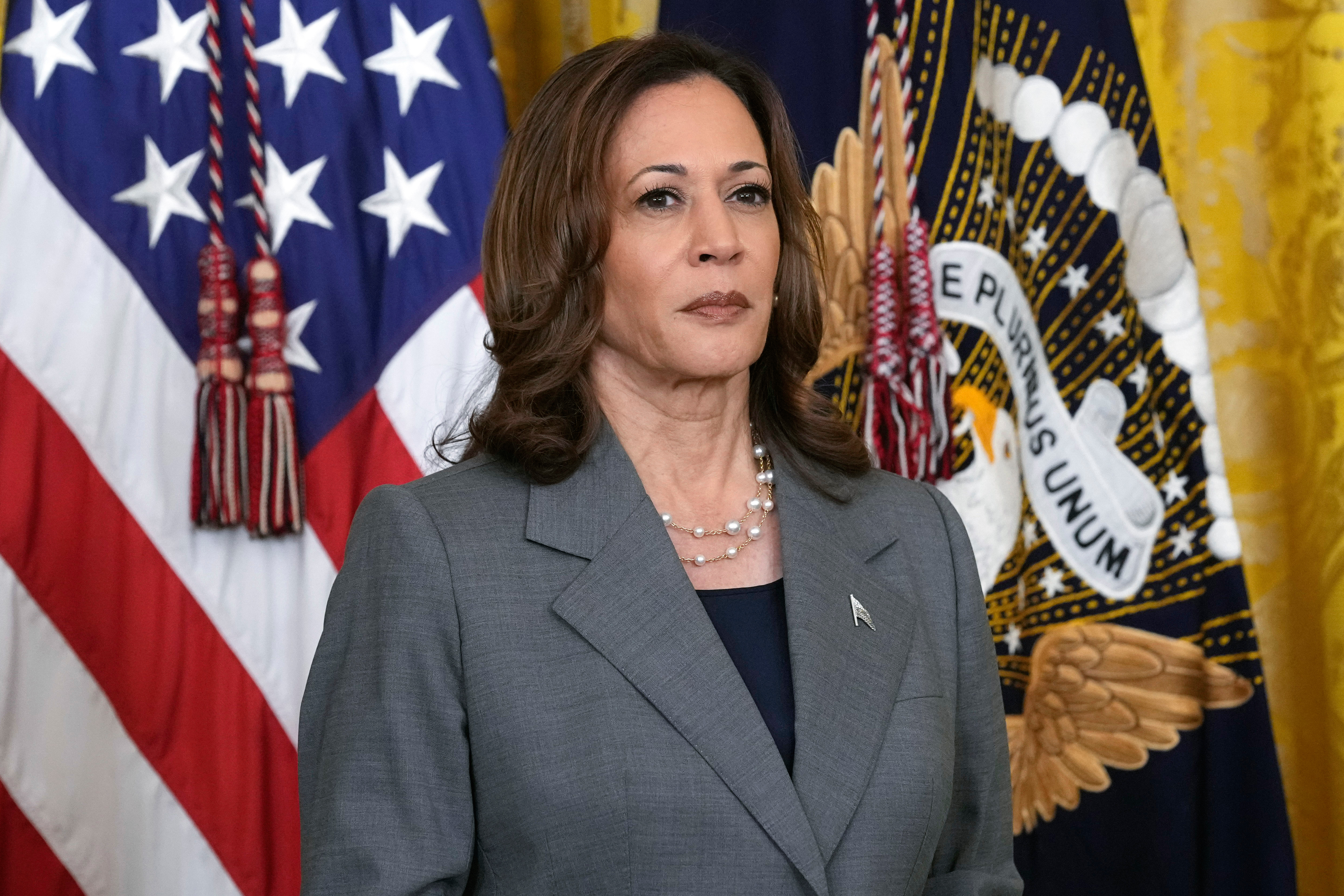 FILE - Vice President Kamala Harris listens during an event with President Joe Biden in the East Room of the White House in Washington, Sept. 26, 2024. (Susan Walsh - AP)