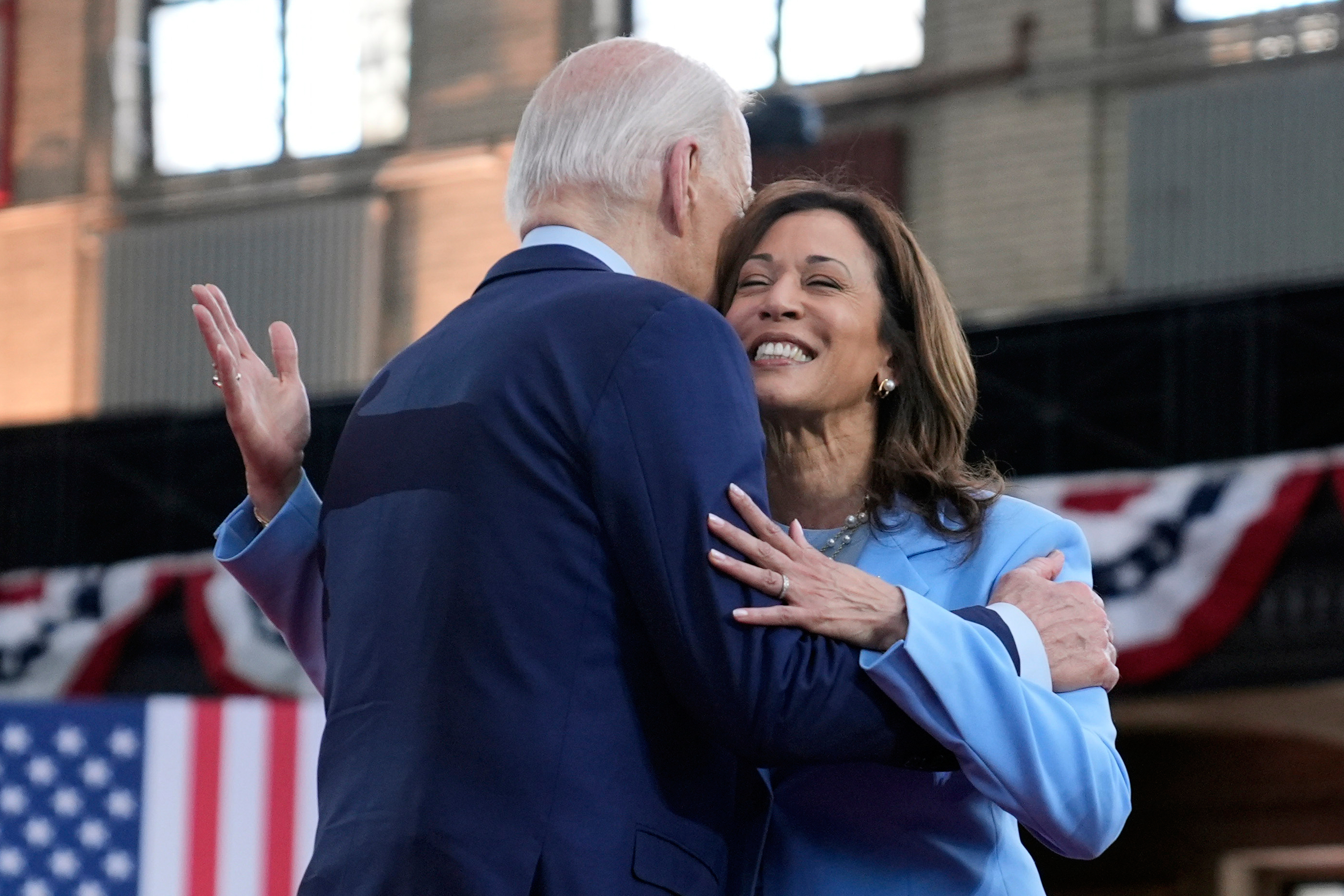 FILE - President Joe Biden hugs Vice President Kamala Harris during a campaign event at Girard College, May 29, 2024, in Philadelphia. (Evan Vucci - AP)