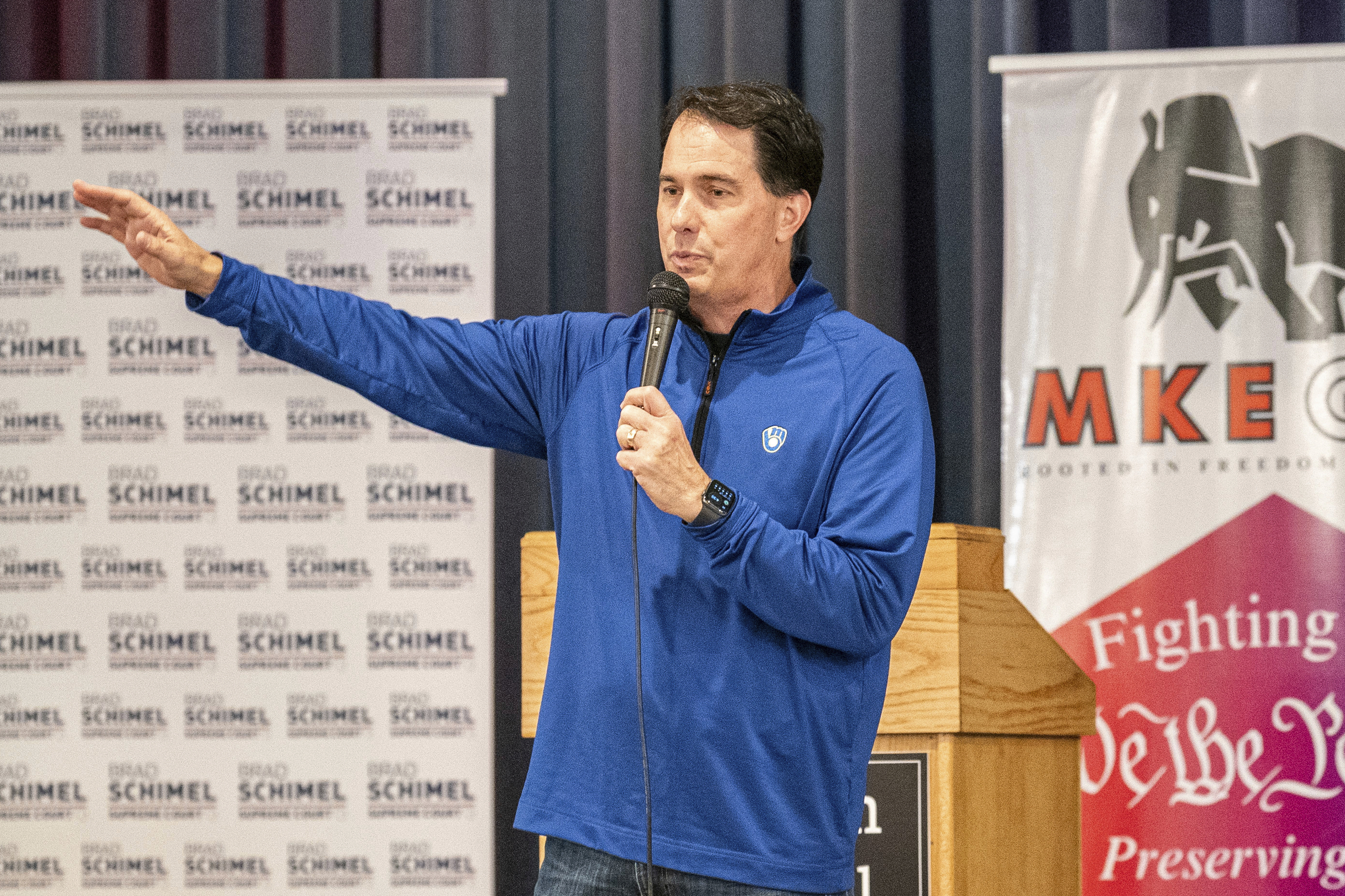FILE - Former Wisconsin Gov. Scott Walker addresses a crowd at a campaign rally for Wisconsin Supreme Court candidate Brad Schimel, March 29, 2025, in Milwaukee. (Andy Manis - FR19153 AP)
