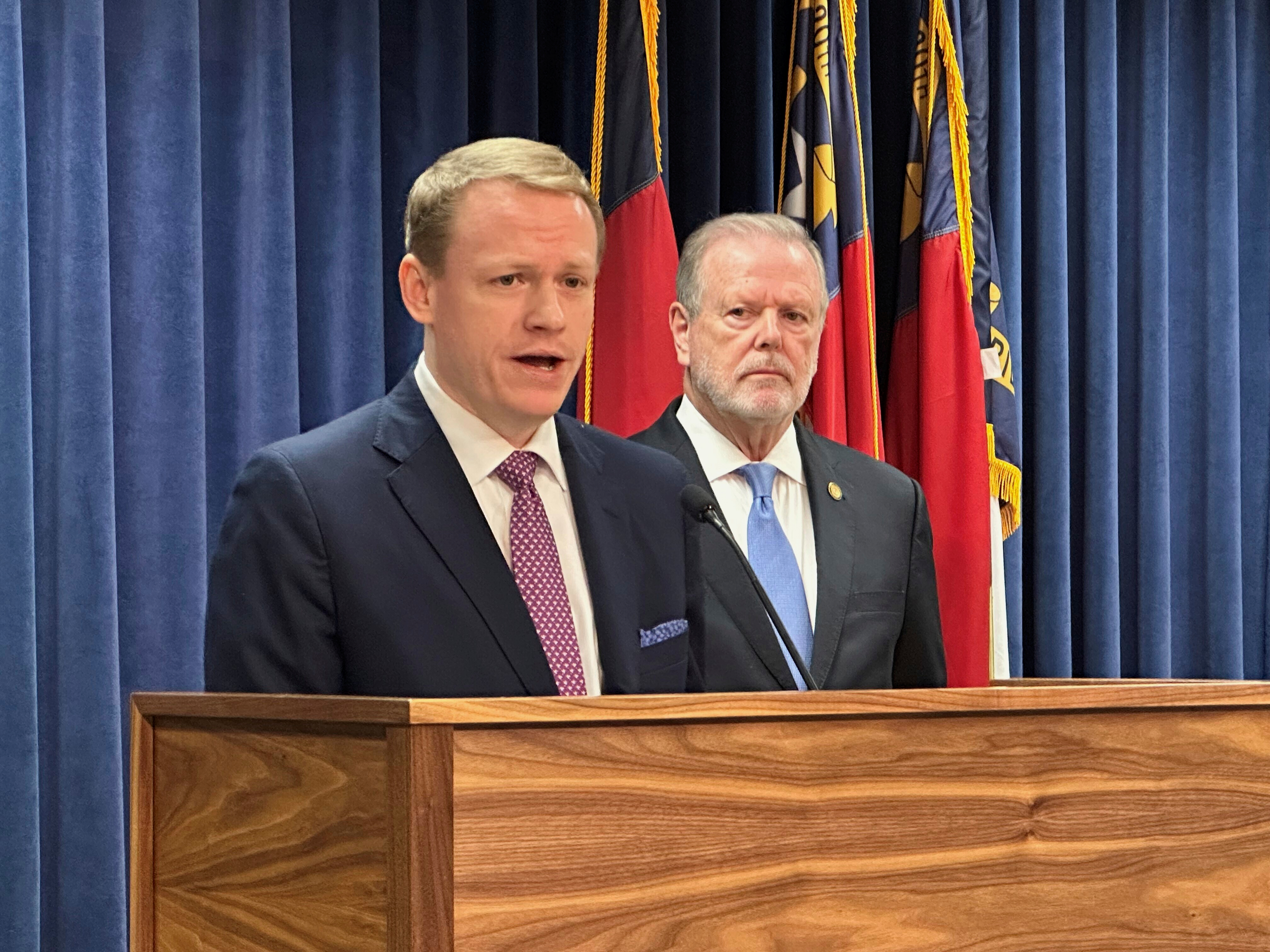 North Carolina state House Speaker Destin Hall, R-Caldwell, left, speaks while state Senate leader Phil Berger, R-Rockingham, listens during a Legislative Building news conference in Raleigh, N.C., on Thursday, Sept. 11, 2025 (Gary D. Robertson - AP)