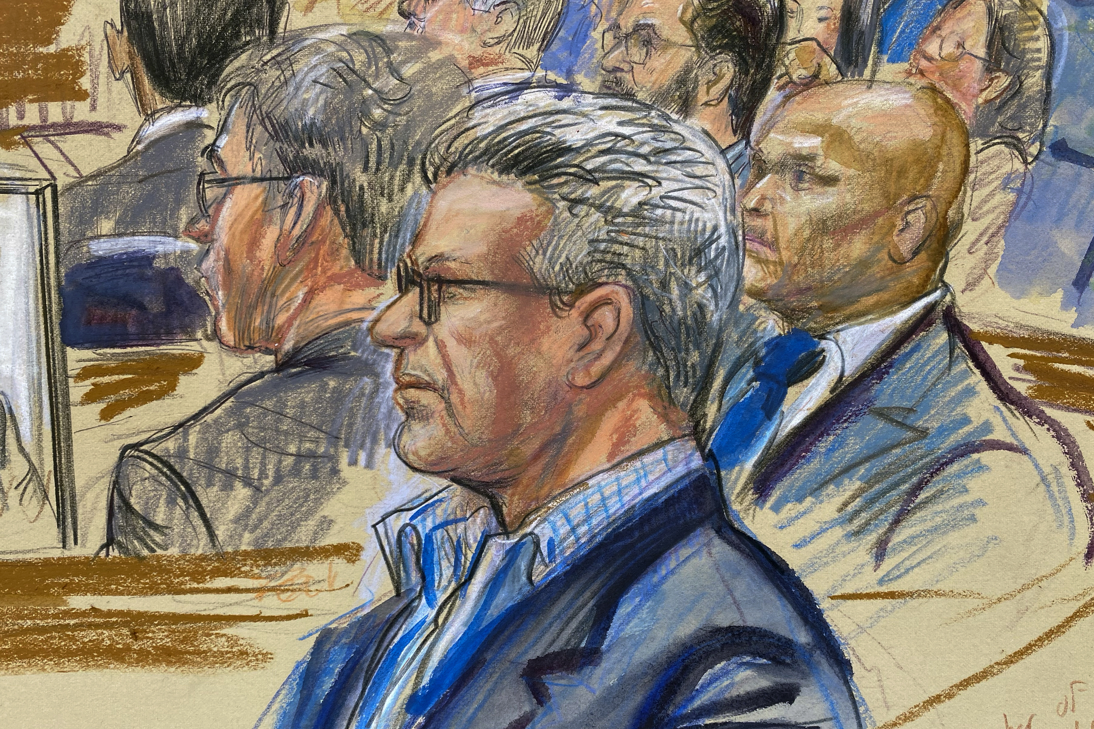 FILE - This artist sketch depicts Salah Al-Ejaili, foreground with glasses, a former Al-Jazeera journalist, before the U.S. District Court in Alexandria, Va., April 16, 2024. (Dana Verkouteren - FR31454 AP)