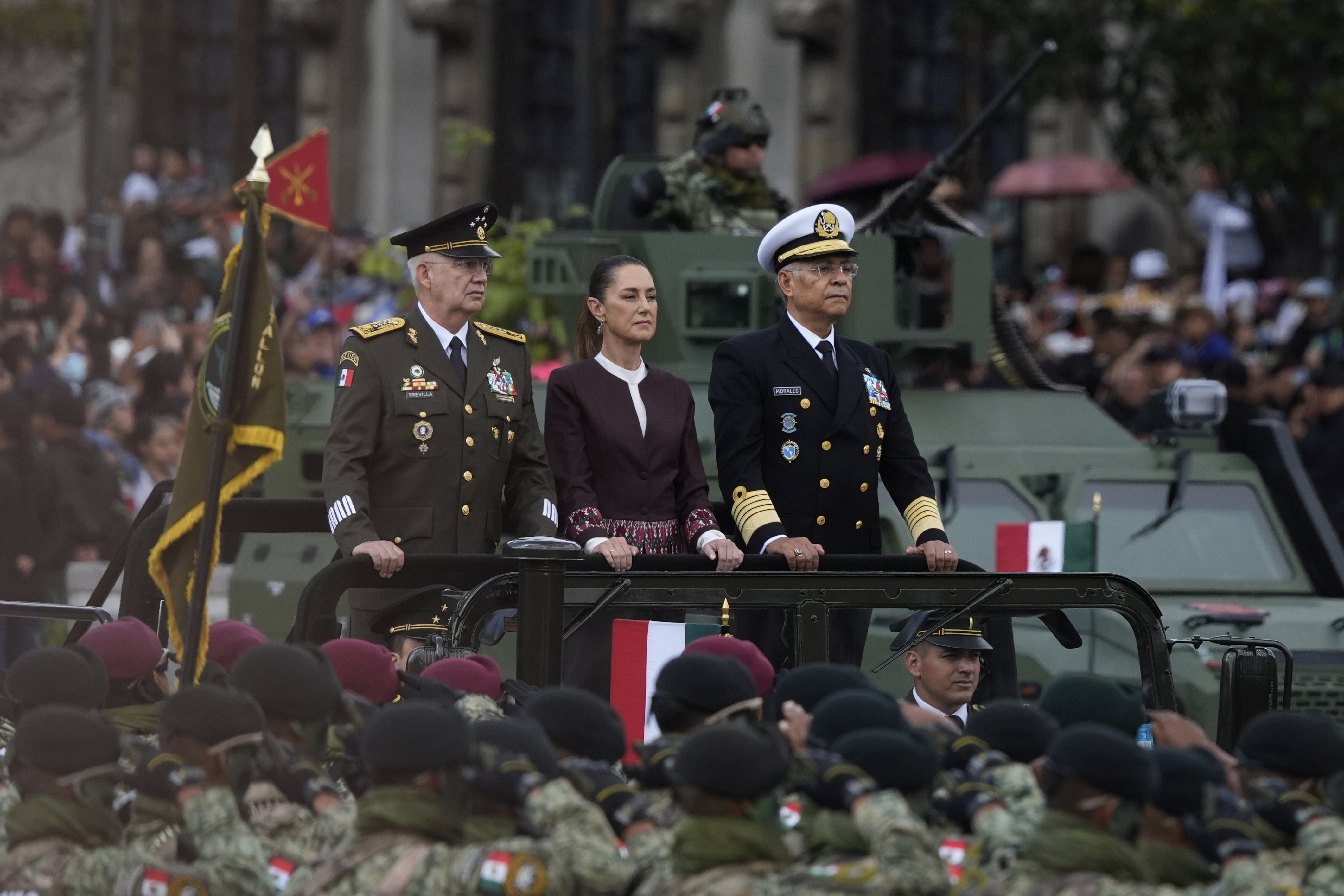 President Claudia Sheinbaum rides through the annual Independence Day military parade, in Mexico City, Tuesday, Sept. 16, 2025. (Fernando Llano - AP)