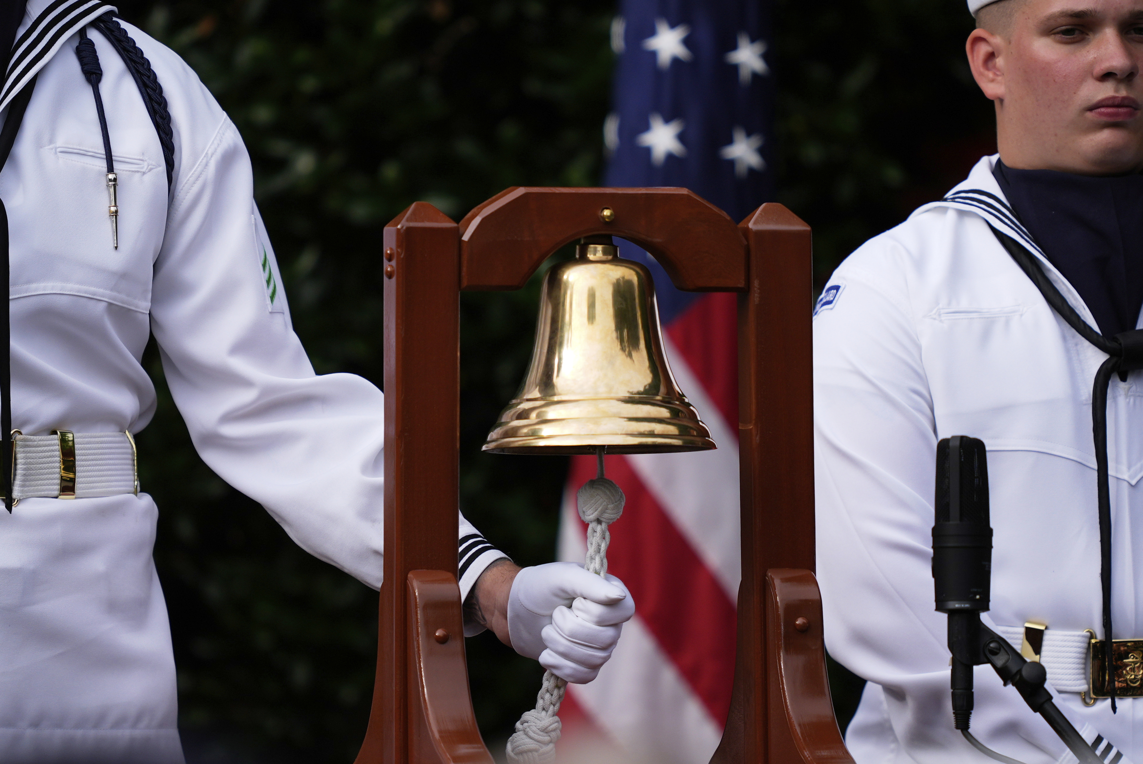 A bell is rung as each name is read, during a ceremony at the Pentagon to commemorate the 24th anniversary of the 9/11 attacks, Thursday, Sept. 11, 2025, in Washington. (Julia Demaree Nikhinson - AP)