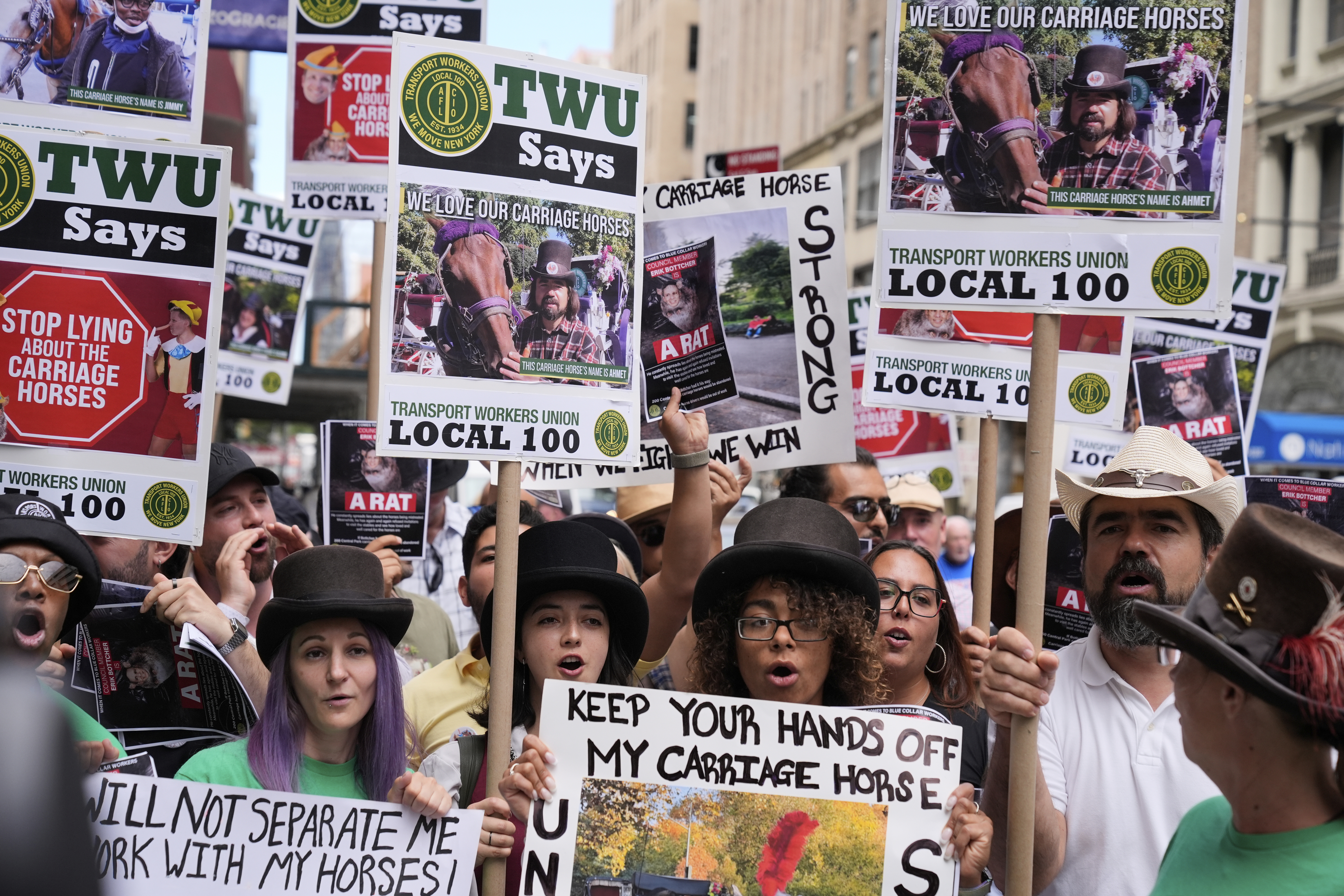 Horse carriage drivers and their supporters rally in New York, Tuesday, Aug. 19, 2025. (Seth Wenig - AP)
