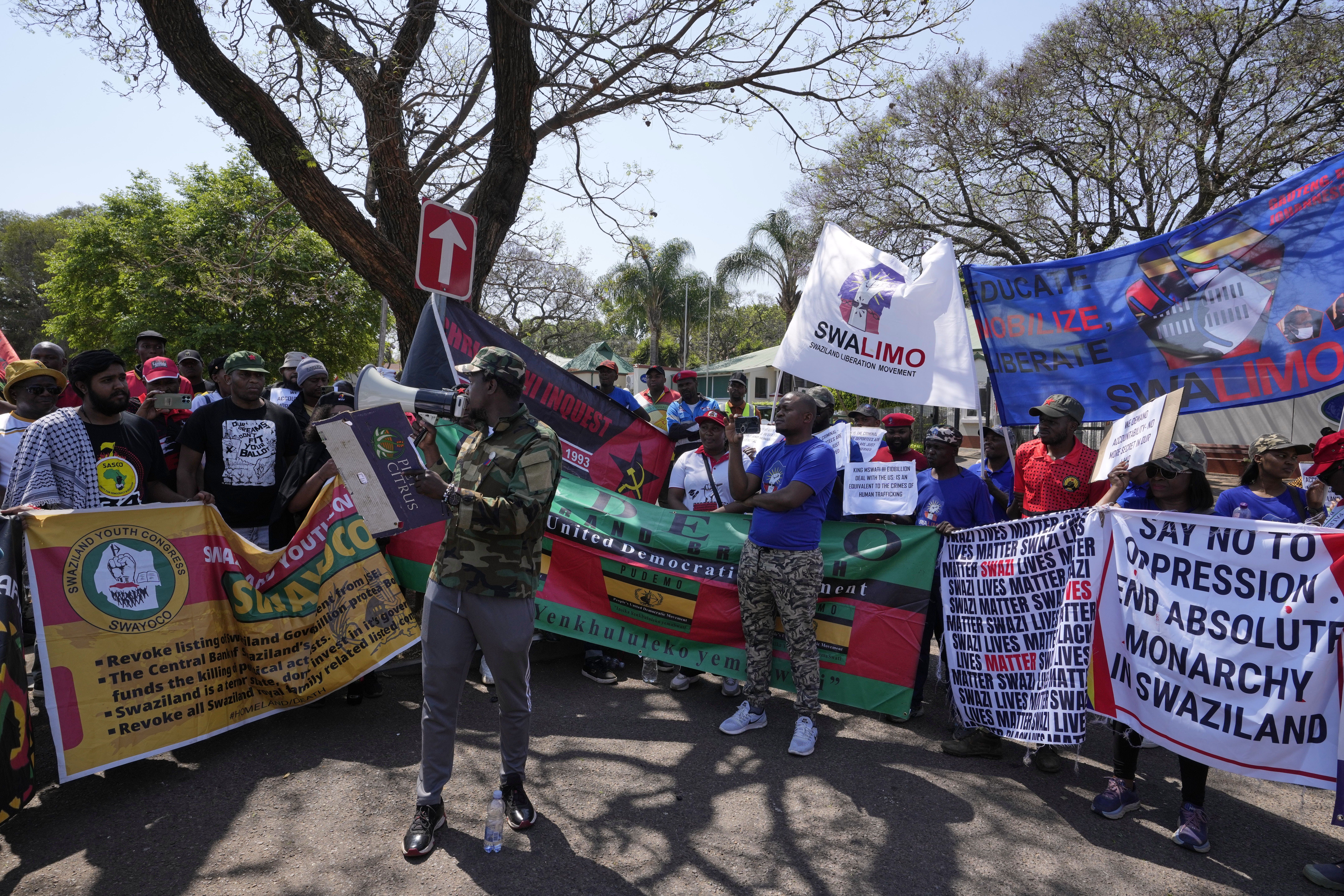 A leader of Eswatin Pro-democracy activists, speaks during their protest outside the U.S. Embassy in Pretoria, South Africa, Friday, Sept. 19, 2025. (Themba Hadebe - AP)