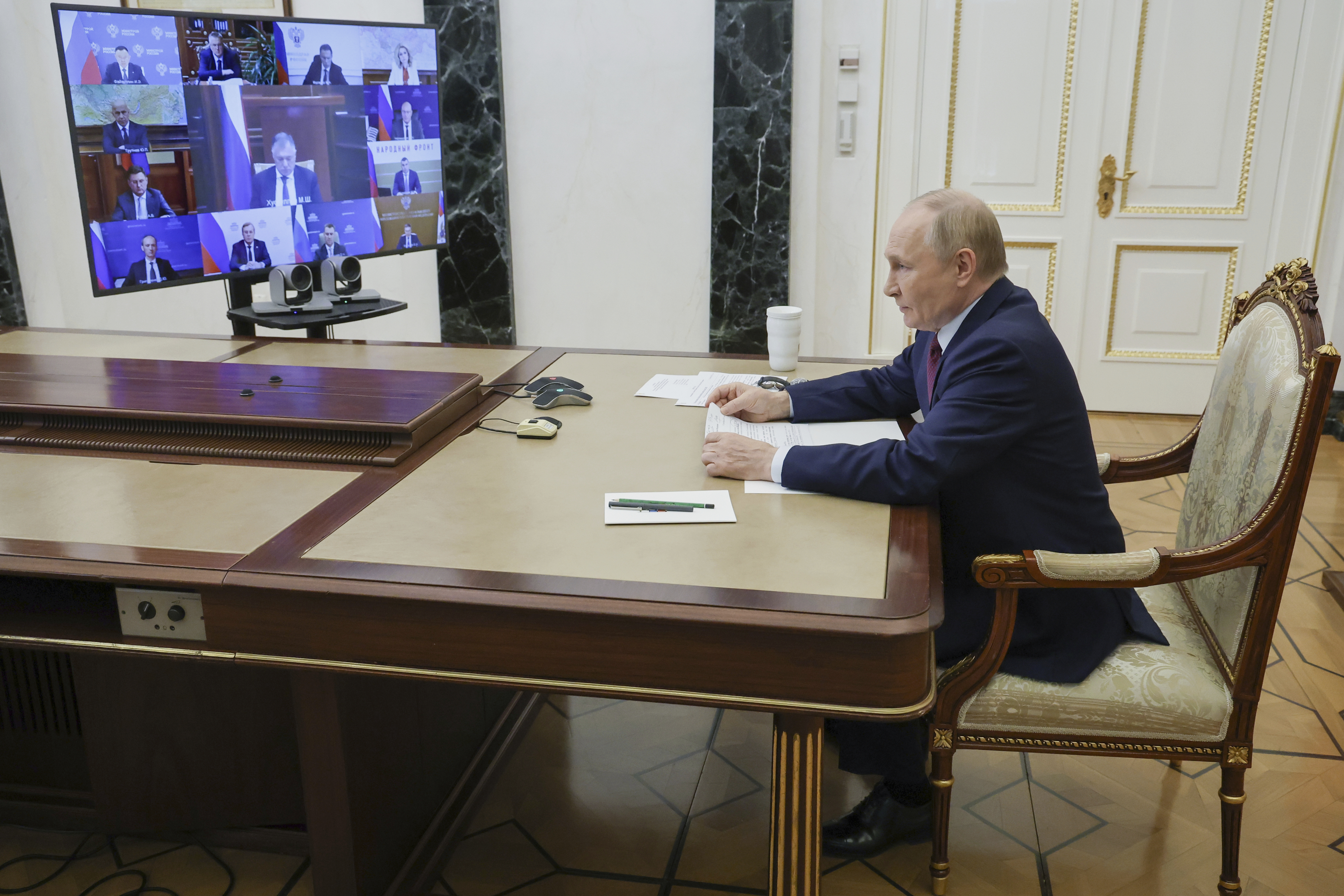 Russian President Vladimir Putin leads a cabinet meeting via videoconference at the Kremlin in Moscow, Russia, Wednesday, Sept. 17, 2025. (Vyacheslav Prokofyev - Pool Sputnik Kremlin)