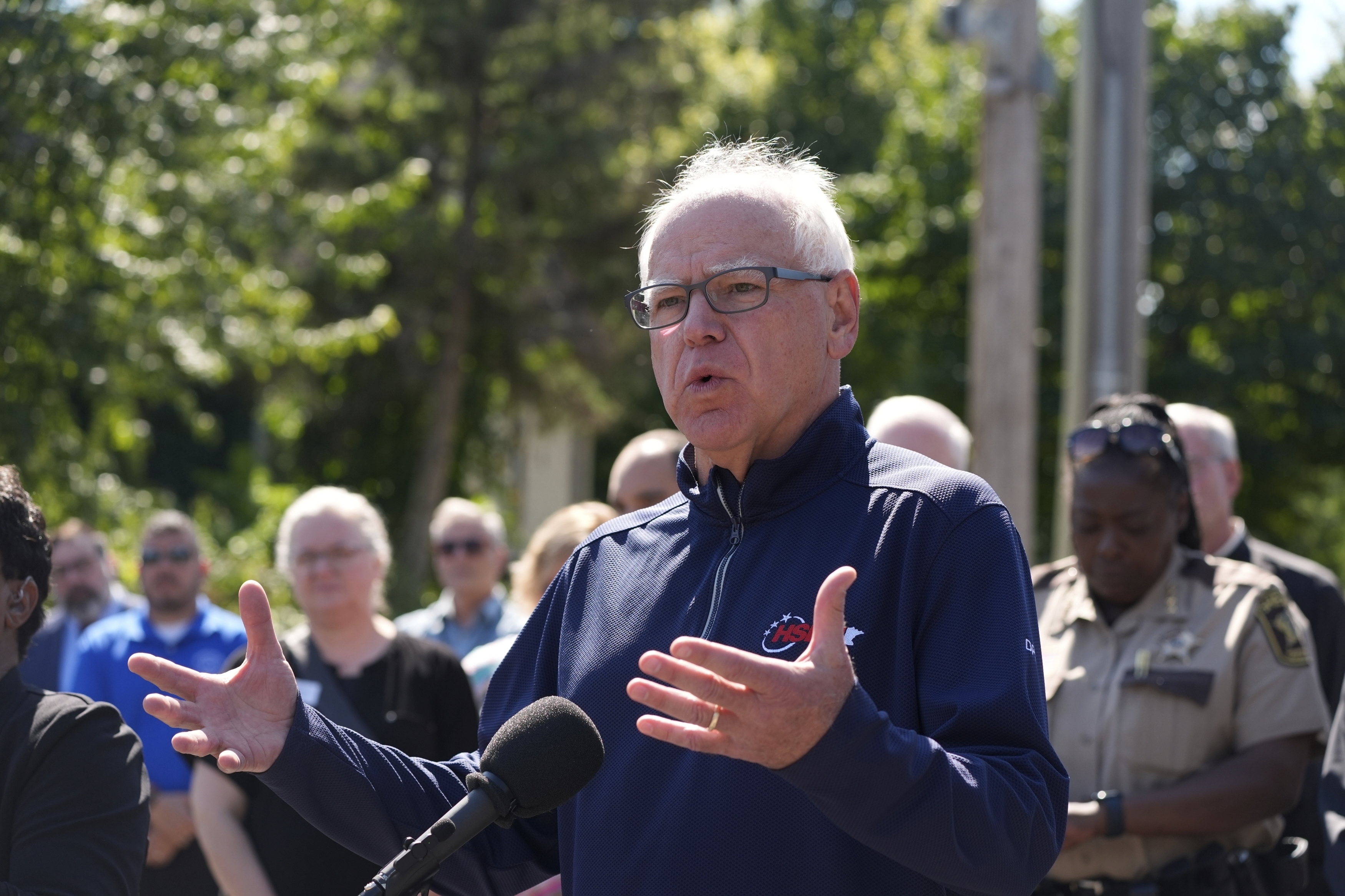 Minnesota Gov. Tim Walz speaks outside the Annunciation Catholic School following a shooting Wednesday, Aug. 27, 2025, in Minneapolis. (Bruce Kluckhohn - FR170893 AP)