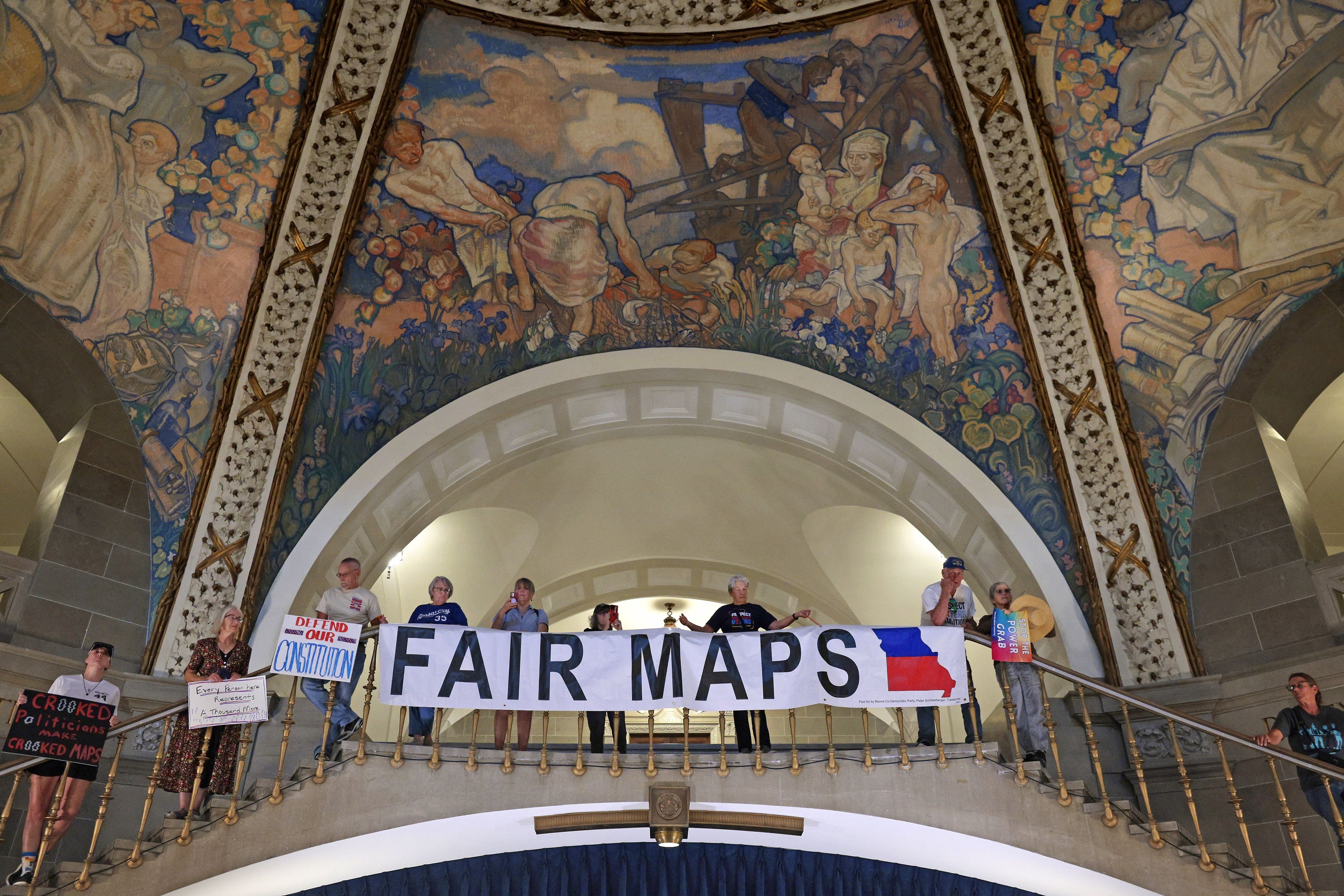 People opposed to a plan to redraw Missouri's U.S. House districts gather at the state Capitol in Jefferson City, Mo. on Wednesday, Sept. 10, 2025. (Christian Gooden - St. Louis Post-Dispatch)