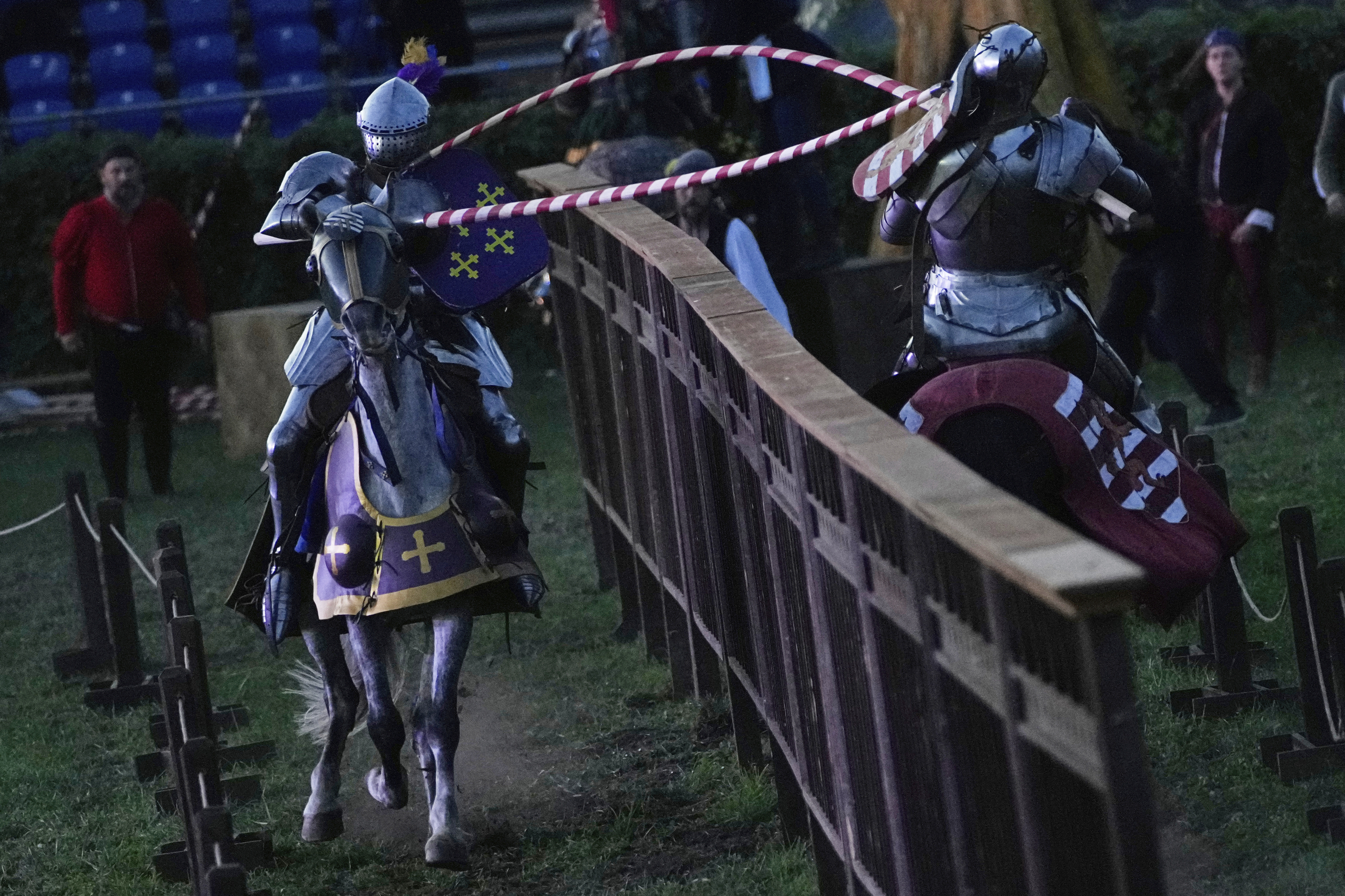 Participants dressed in historic armored suits compete in jousting at The St. George's Tournament at Tsaritsyno Park in Moscow, Russia, Friday, Sept. 12, 2025. (Pavel Bednyakov - AP)