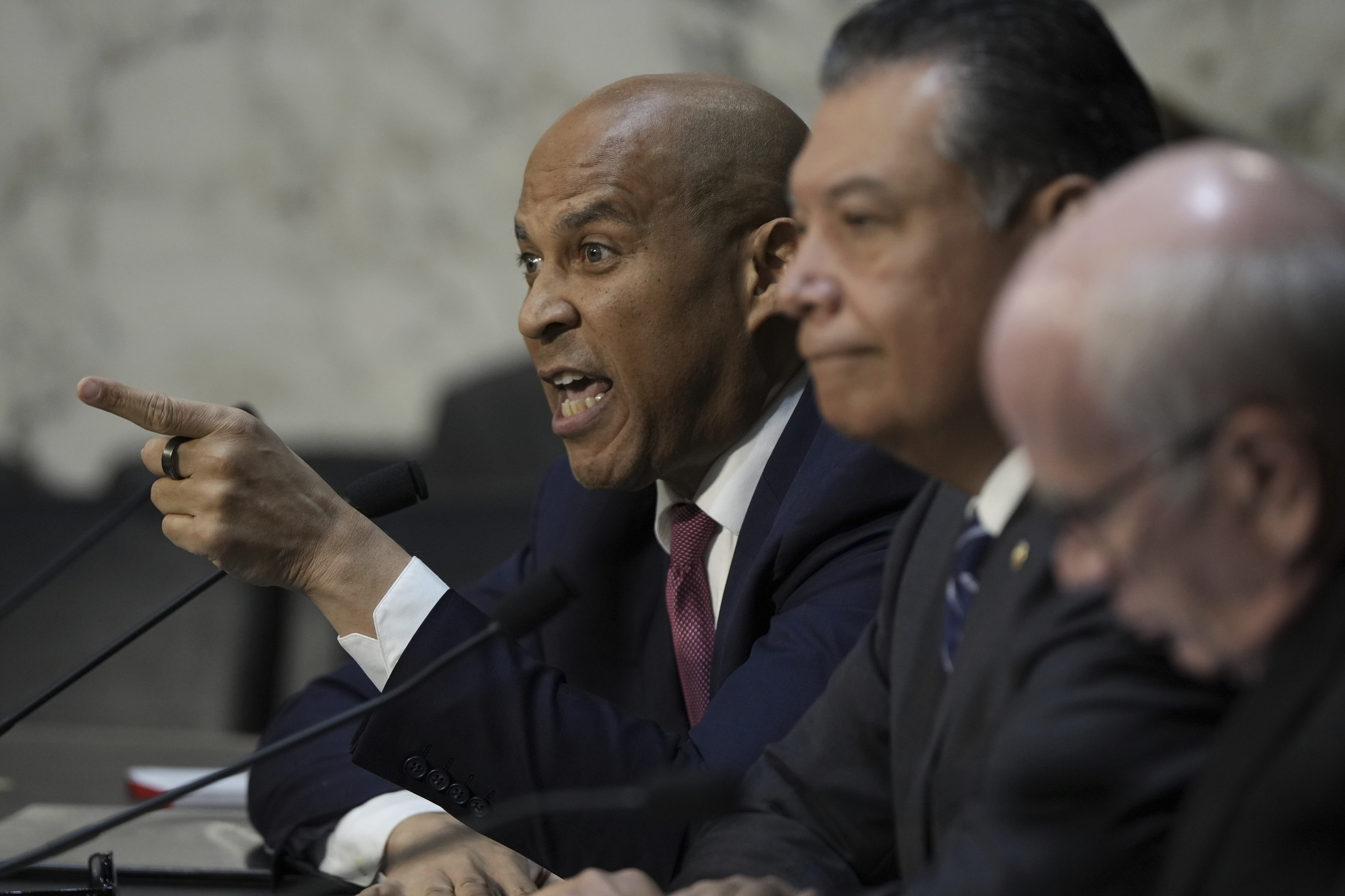 Sen. Cory Booker, D-N.J., questions FBI Director Kash Patel as he appears before the Senate Judiciary Committee for his first oversight hearing, Tuesday, Sept. 16, 2025, at the Capitol in Washington. (Julia Demaree Nikhinson - AP)