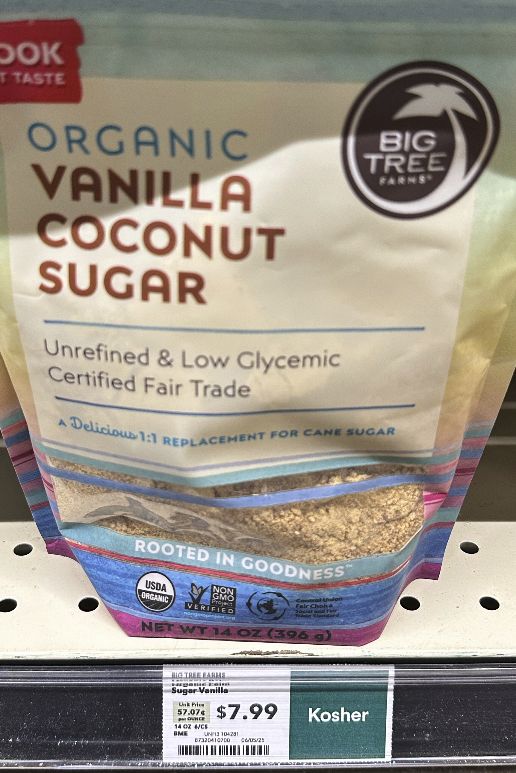 A bag of organic vanilla coconut sugar is displayed on a shelve at a grocery store in Northbrook, Ill., Wednesday, Sept. 17, 2025. (Nam Y. Huh - AP)
