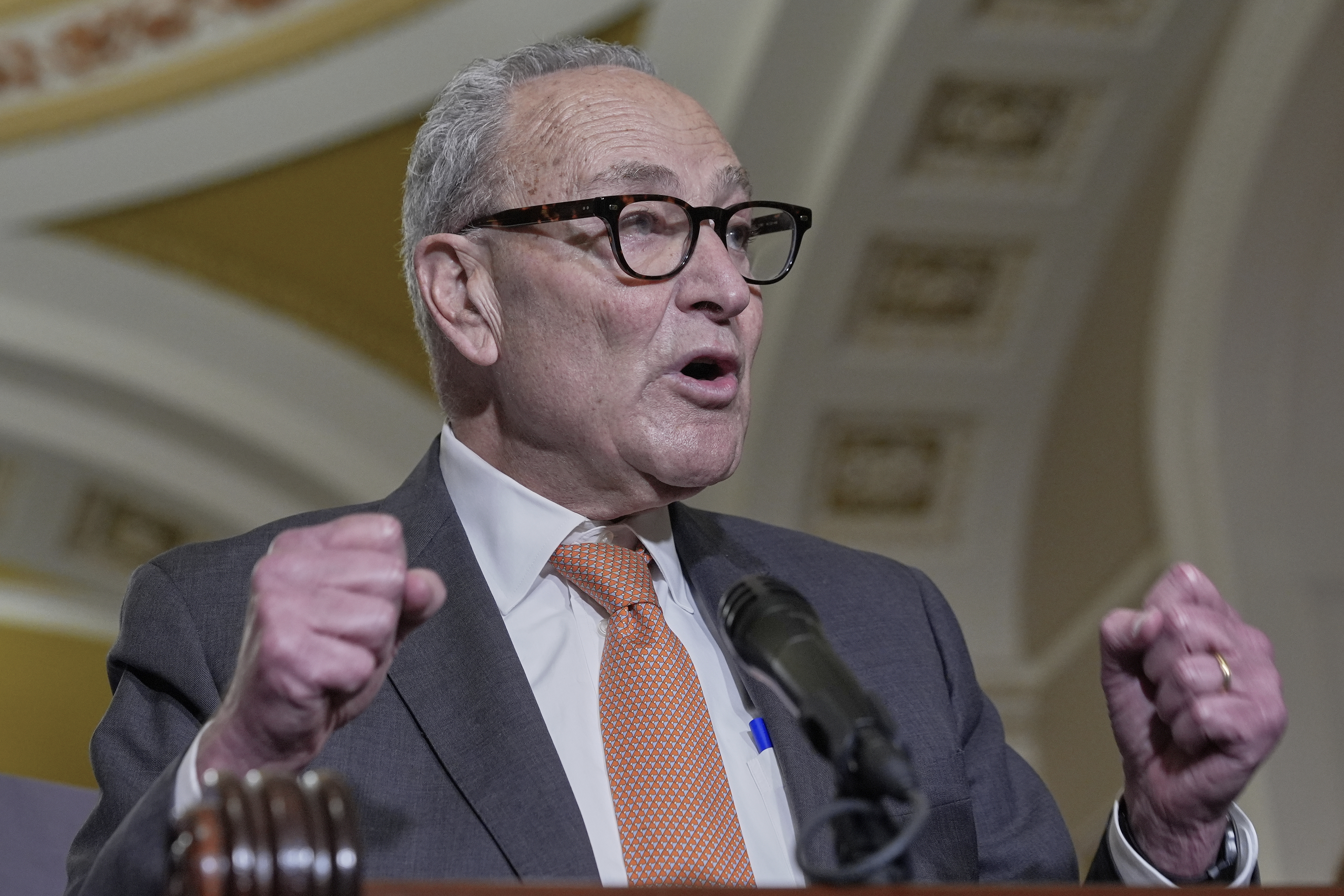 Senate Minority Leader Chuck Schumer of N.Y., speaks during a news conference after a policy luncheon at the Capitol, Tuesday, Sept. 16, 2025, in Washington. (Mariam Zuhaib - AP)