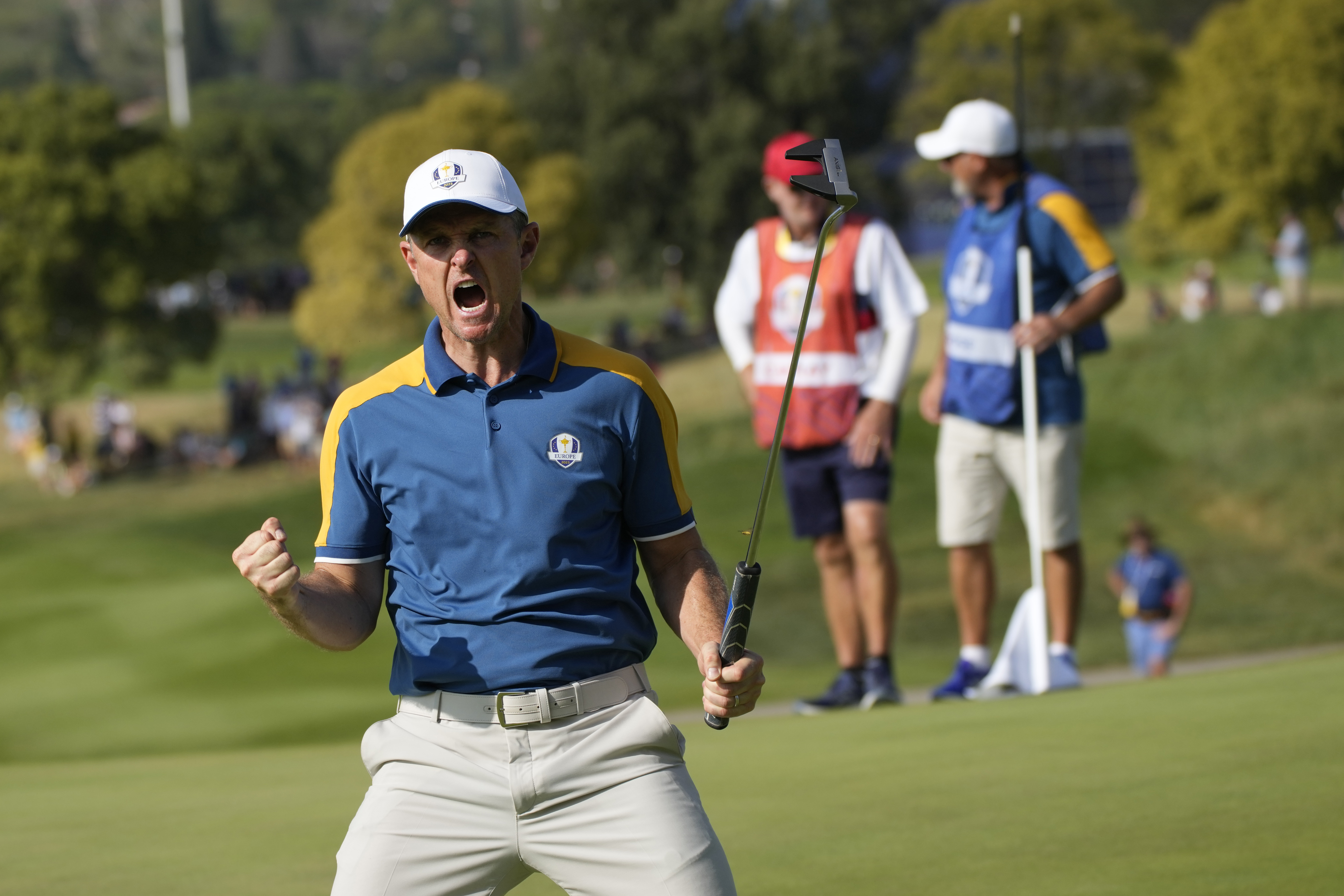 FILE - Europe's Justin Rose celebrates on the 15th green during his singles match at the Ryder Cup golf tournament at the Marco Simone Golf Club in Guidonia Montecelio, Italy, Sunday, Oct. 1, 2023. (Alessandra Tarantino - AP)