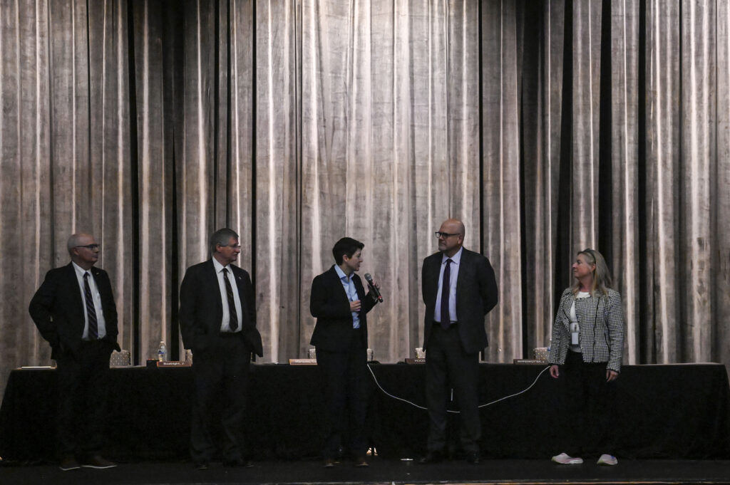 Colorado Supreme Court justices answer questions from the audience at the conclusion of Courts in the Community at East High School on Thursday, Oct. 23, 2025. (Stephen Swofford, The Denver Gazette)
