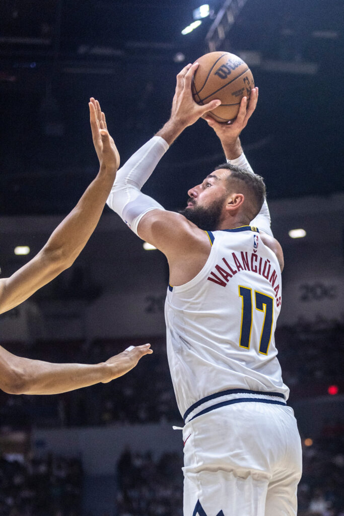 Denver Nuggets center Jonas Valanciunas shoots against the Toronto Raptors.