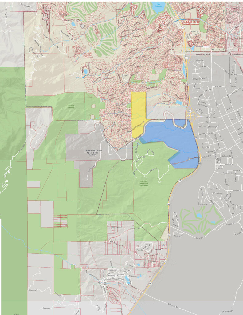 Map showing the proposed expansion of Cheyenne Mountain State Park, with 473 acres shaded in blue and yellow. Photo courtesy City of Colorado Springs