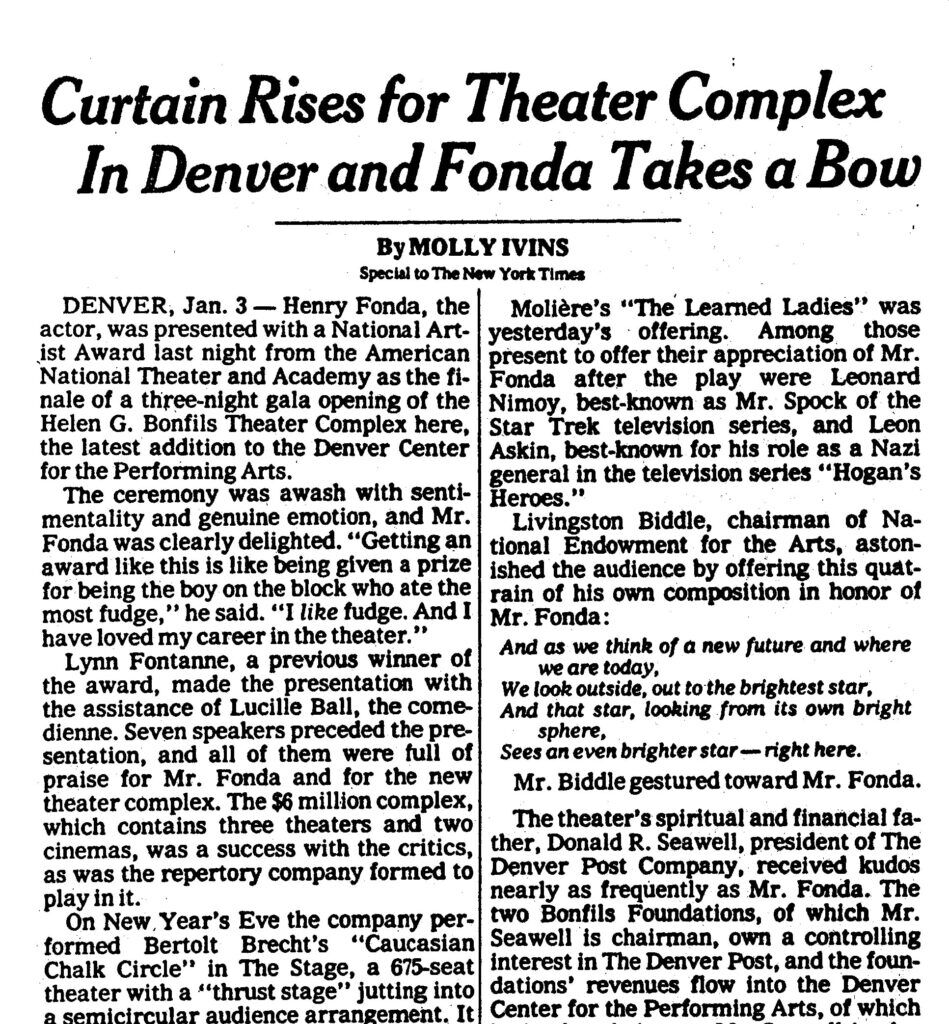 How famed journalist Molly Ivins reported on the opening of the Denver Performing Arts Complex. FILE PHOTO