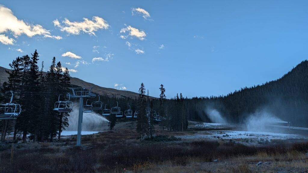 Snowmaking guns fire around the new Lift 7 at Loveland Valley. Photo courtesy Loveland Ski Area