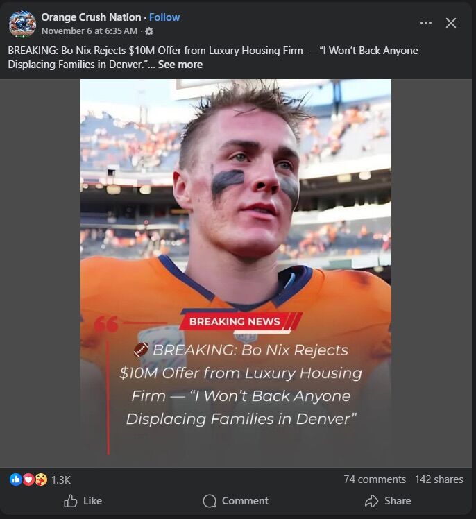 FAKE Facebook post about Bo Nix (Facebook screenshot)