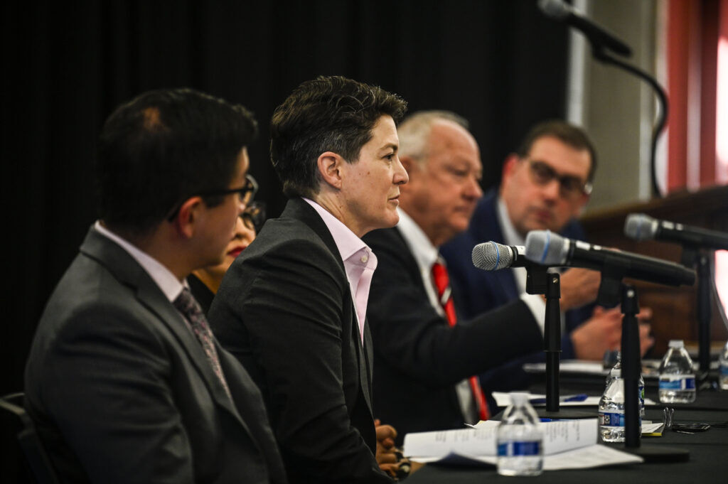 Colorado Supreme Court Chief Justice Monica M. Márquez answers a question during a panel discussion on the rule of law beyond politics at the Sturm College of Law in Denver on Wednesday, Oct. 29, 2025. (Stephen Swofford, Denver Gazette)
