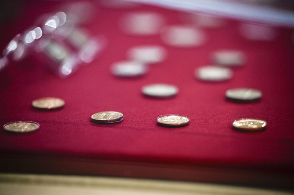 Pennies in a museum display