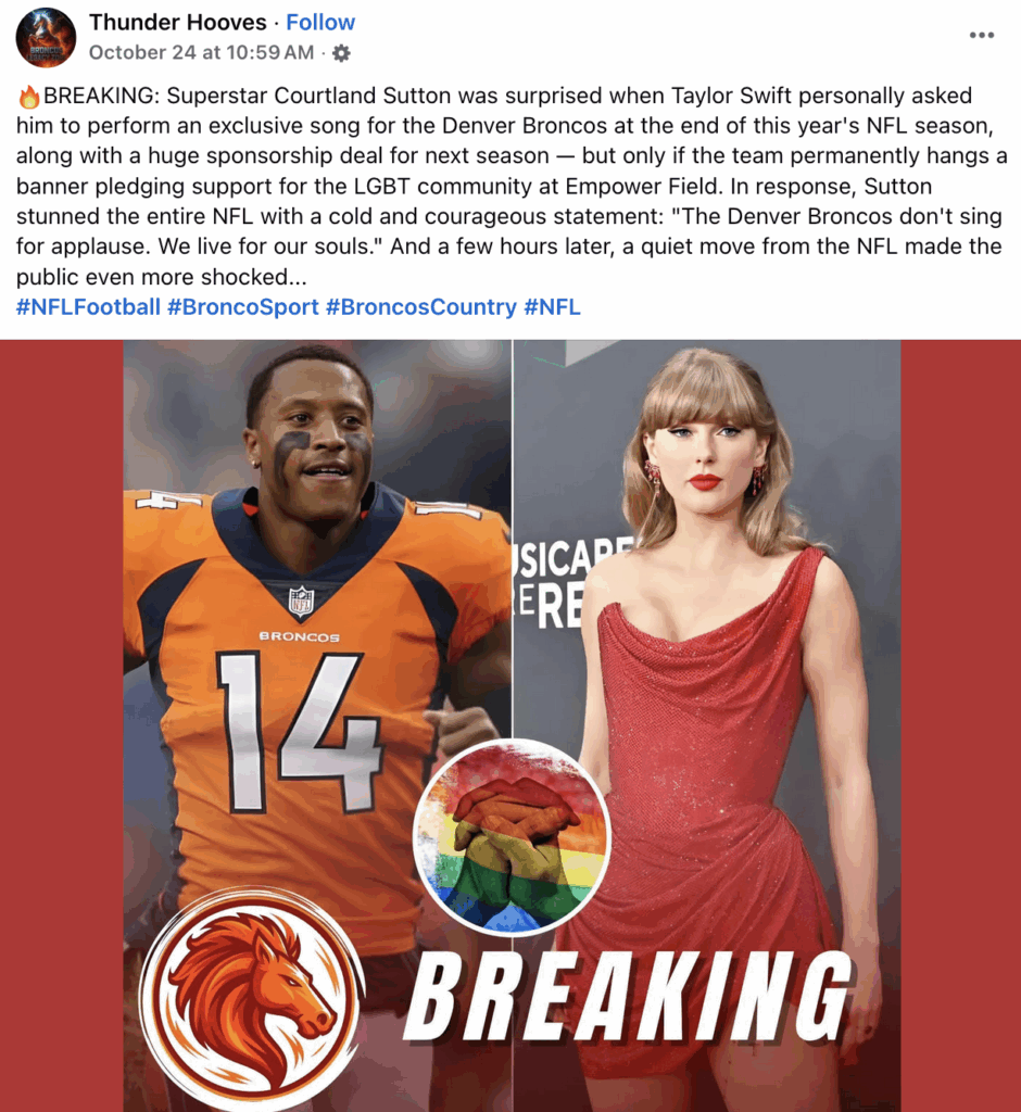 FAKE Facebook post about Courtland Sutton and Taylor Swift (Facebook screenshot)