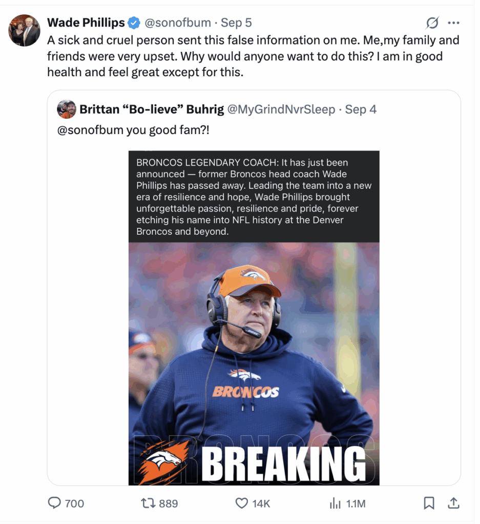 Former Denver Broncos coach Wade Phillips took to Twitter to declare himself alive after a FAKE Facebook post announced his death in September. (Twitter screenshot)