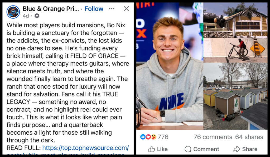 FAKE Facebook post about Bo Nix – one that, even more strangely, hashtagged the Tampa Bay Buccaneers, not the Denver Broncos (Facebook screenshot)
