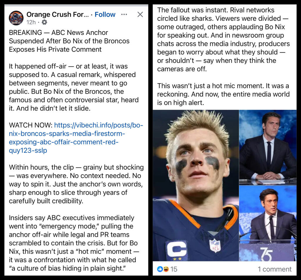 FAKE Facebook post about Bo Nix and ABC News anchor David Muir (Facebook screenshot)