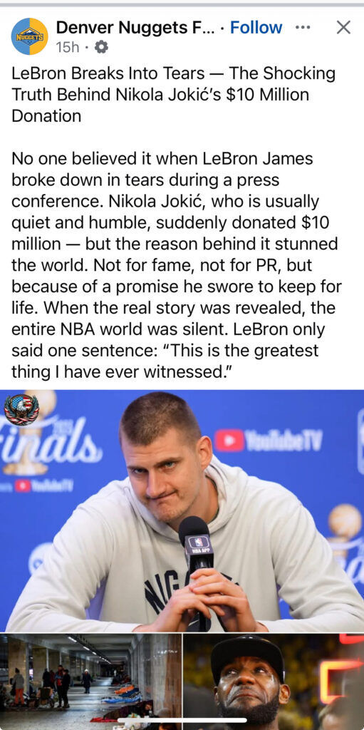 FAKE Facebook post about Denver Nuggets superstar Nikola Jokic. (Facebook screenshot)