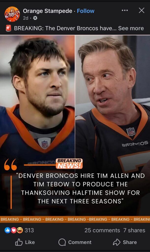 FAKE and truly bizarre Facebook post about former Broncos player Tim Tebow and TV star Tim Allen. (Facebook screenshot)