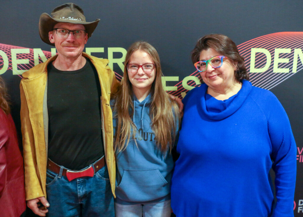 Creede family, from left, Dan Mead, Lexy Mead and Kristeen Lopez at the Denver Film Festival's screening of the documentary 'Creede U.S.A.' on Nov. 4, 2025, at the Holiday Theater. (John Moore, The Denver Gazette)