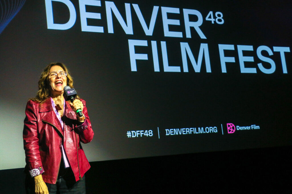 Kahane Corn Cooperman, director of the new documentary 'Creede U.S.A.,' introduces the film at a Denver Film Festival screening at the Holiday Theater on Nov. 4, 2025. (John Moore, The Denver Gazette)