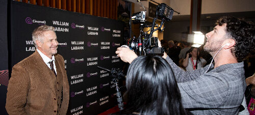 Co-director Daniel Junge, left, is interviewed by his friend and fellow filmmaker Mitch Dickman on the Denver Film Festival red carpet before a screening of 'I Was Born This Way' on Nov. 7, 2025, at the Denver Botanic Gardens. (Rachel O’Driscoll for Denver Film)