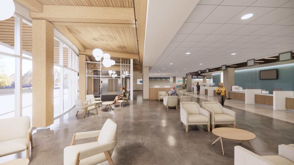 artist's rendering of the interior lobby of a new healthcare center