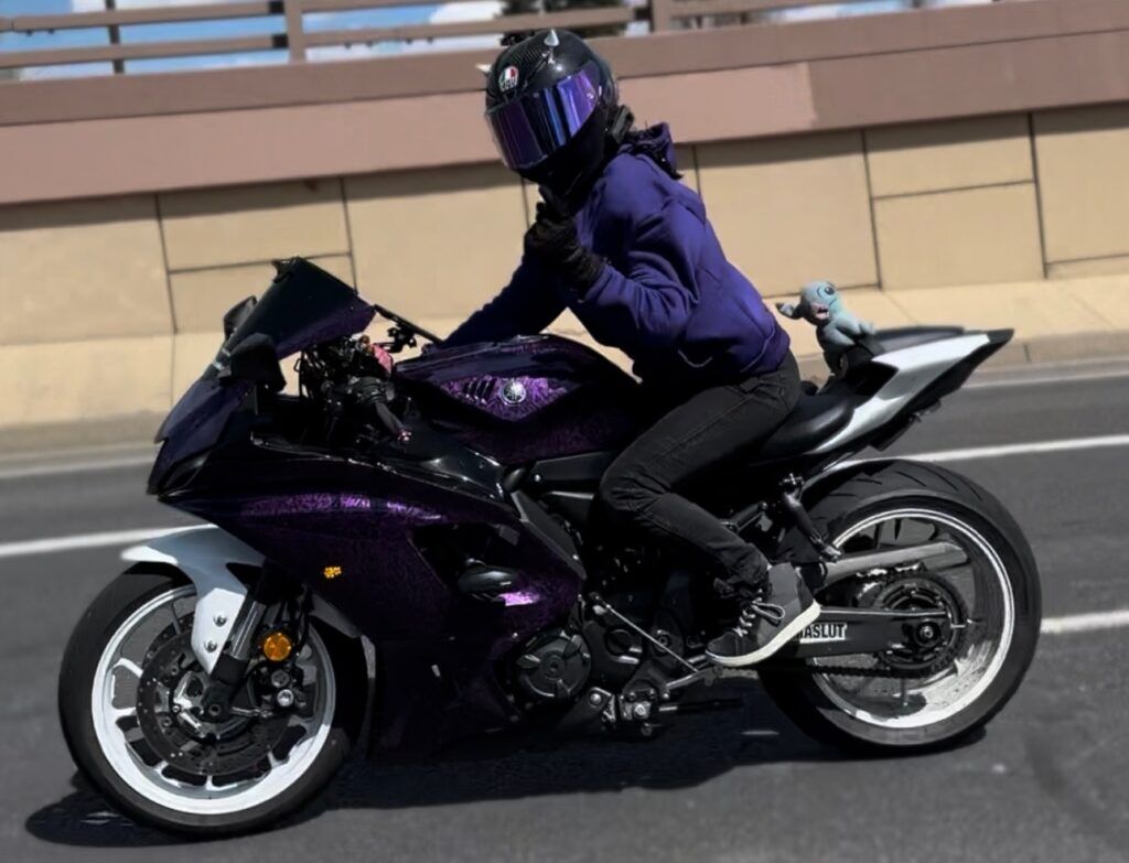 Photo of 20-year-old Chelsie Willing on her Yamaha R7 motorcycle 