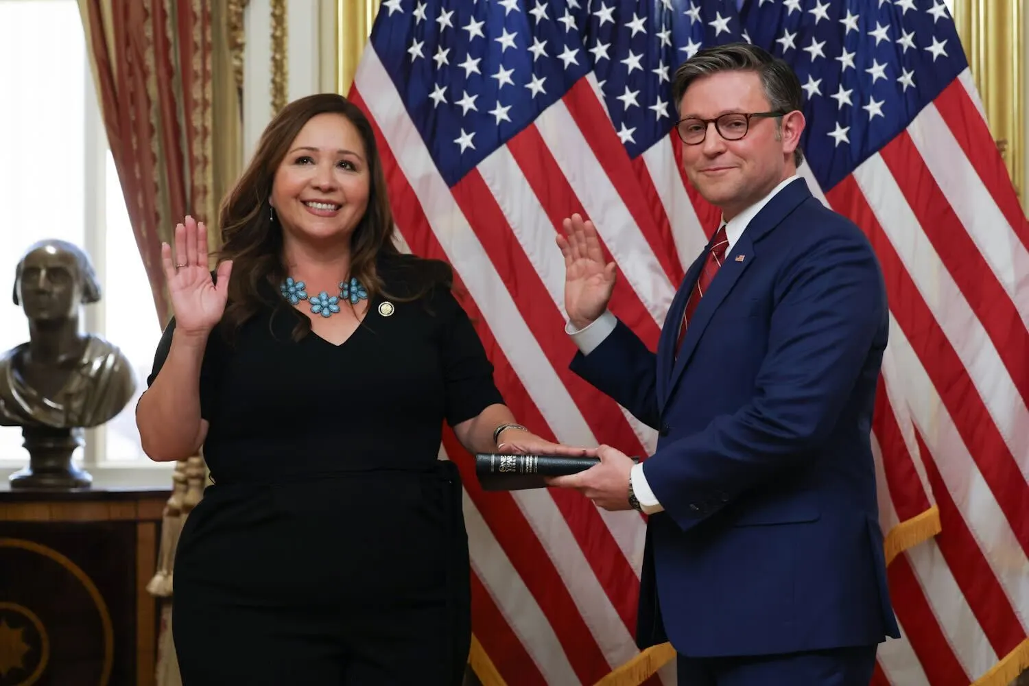 Rep. Adelita Grijalva (D-AZ) is sworn in by Speaker Mike Johnson (R-LA) after being in Congressional limbo for almost two months. 