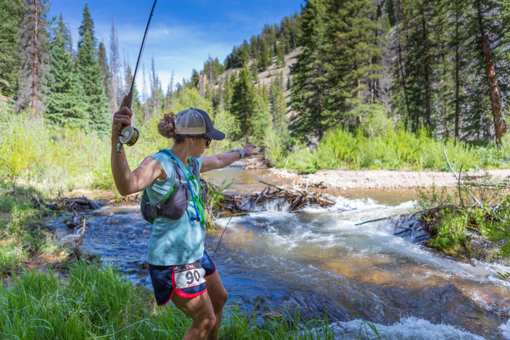 Kristine Hoffman casts a line during a flyathlon event outside Creede. Photo by Craig Hoffman, craighoffmanphotography.com