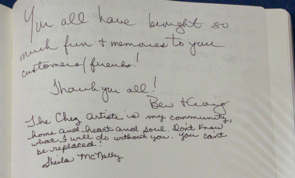 A look at the guest book from the Chez Artiste's closing party-slash-wake held on Aug. 8, 2024. (John Moore, The Denver Gazette)