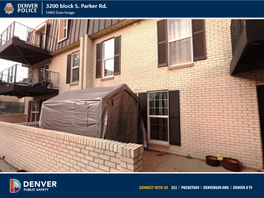 A photo of a shed-like structure on the first-floor patio of an apartment building