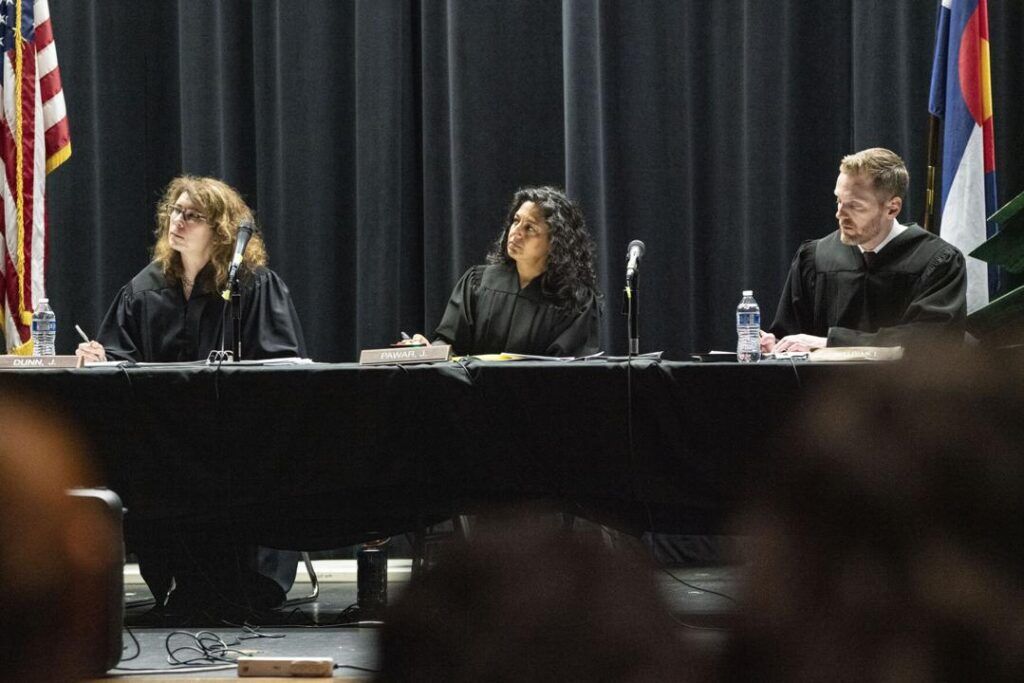 Colorado Court of Appeals Judges Stephanie Dunn, Neeti V. Pawar and Grant T. Sullivan listen to the case of Strange v. GA HC Reit Liberty CRCC, LCC at Fort Lupton High School on Tuesday, April 2, 2024 in Fort Lupton, Colorado. The Colorado Court of Appeals and Supreme Court hold "Courts in the Community" events for students to learn about the justice system and hear real cases. (Rebecca Slezak, special to The Gazette)
