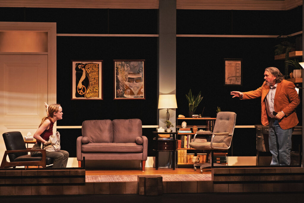 Students from the University of Denver's Theatre Tech Internship Program built the set designed by Brian Watson for Curious Theatre's 'Job.' Pictured are Tuuli Sandvold and Michael Morgan. (Amanda Tipton Photography)