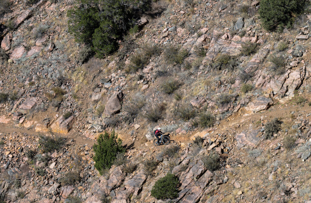 A mountain biker climbs the 3.6-mile Royal Cascade Trail on Wednesday, Oct. 29, 2025. The trail connects the Tunnel Drive Trail below to the Summit Trail 1,800 feet above. (The Gazette, Christian Murdock)