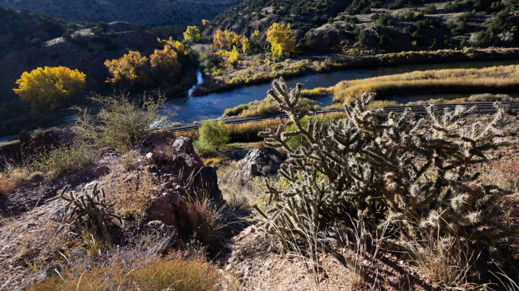 The Arkansas River and the Royal Gorge Route Railroad train tracks as seen from the Royal Cascade Trail on Wednesday, Oct. 29, 2025. (The Gazette, Christian Murdock)