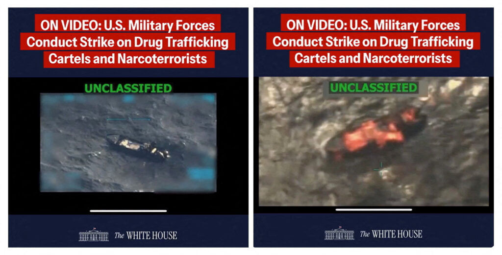 A combination image shows two screen captures from a video posted on the X account of The White House on September 15, 2025, depicting what President Donald Trump said was a U.S. military strike on a Venezuelan drug cartel vessel that had been on its way to the United States, the second such strike carried out against a suspected drug boat in recent weeks. (via Reuters)
