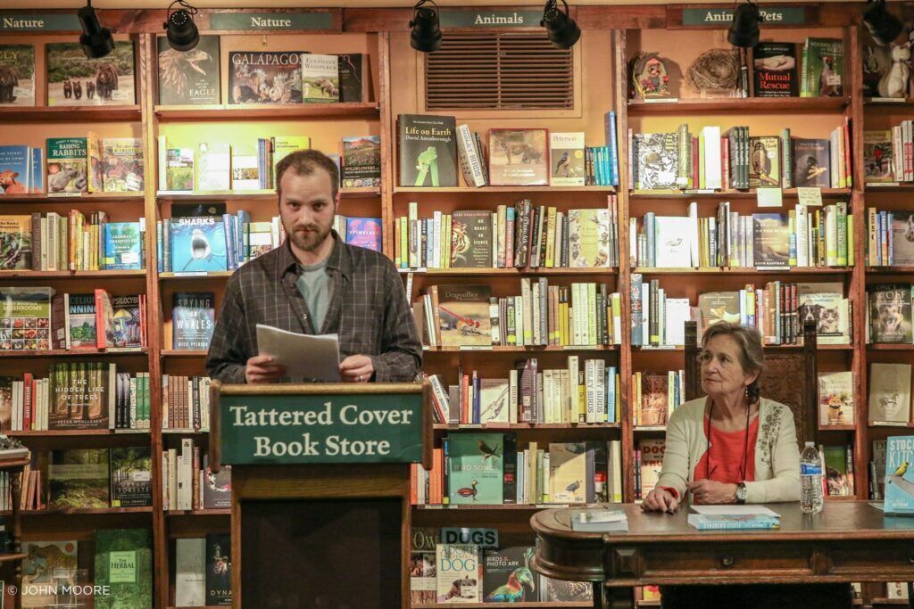 Actor and playwright Luke Sorge reads from former Westword author Juliet Wittman's book launch for 'Stocker's Kitchen' in 2019 (John Moore, Denver Gazette)
