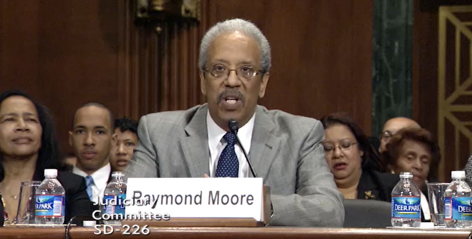 FILE PHOTO: Raymond P. Moore testifies at his confirmation hearing in January 2013 to be a U.S. District Court judge for Colorado. (C-SPAN)