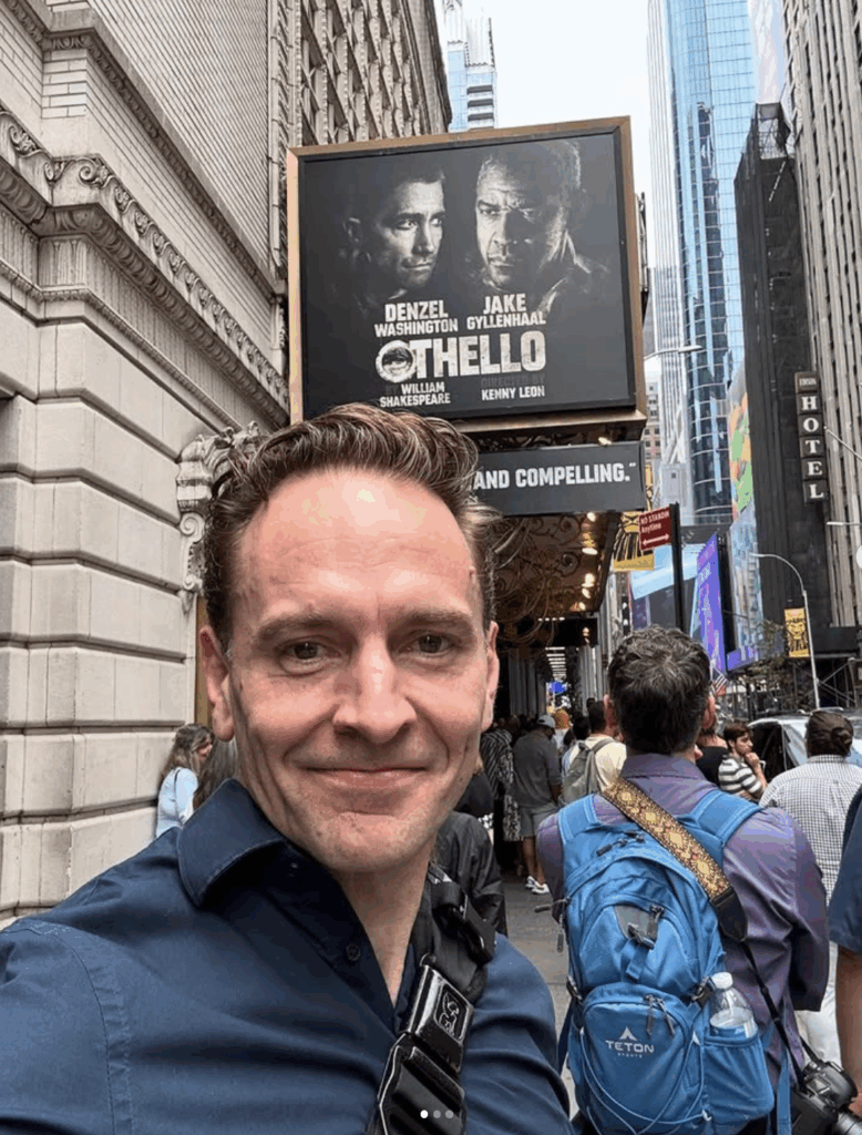 Gene Gillette heading into work last March to perform in 'Macbeth' on Broadway with a couple of rather famous movie stars: Denzel Washington and Jjae Gyllenhaal. (Courtesy Gene Gillette)