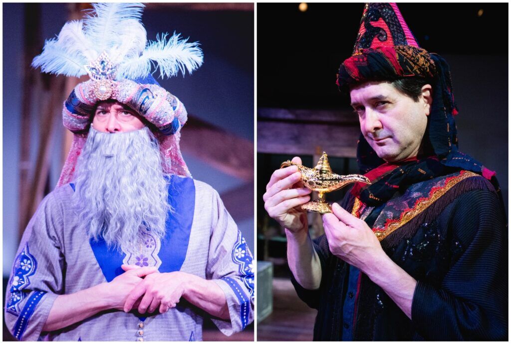 Damon Guerrasio playing characters both good and evil in the Miners Alley Performing Arts Center's Theatre for Young Audience staging of 'Aladdin and the Wonderful Lamp'. He's playing The Evil Magician, left, and The Sultan. (Boone.Eye Photo)
